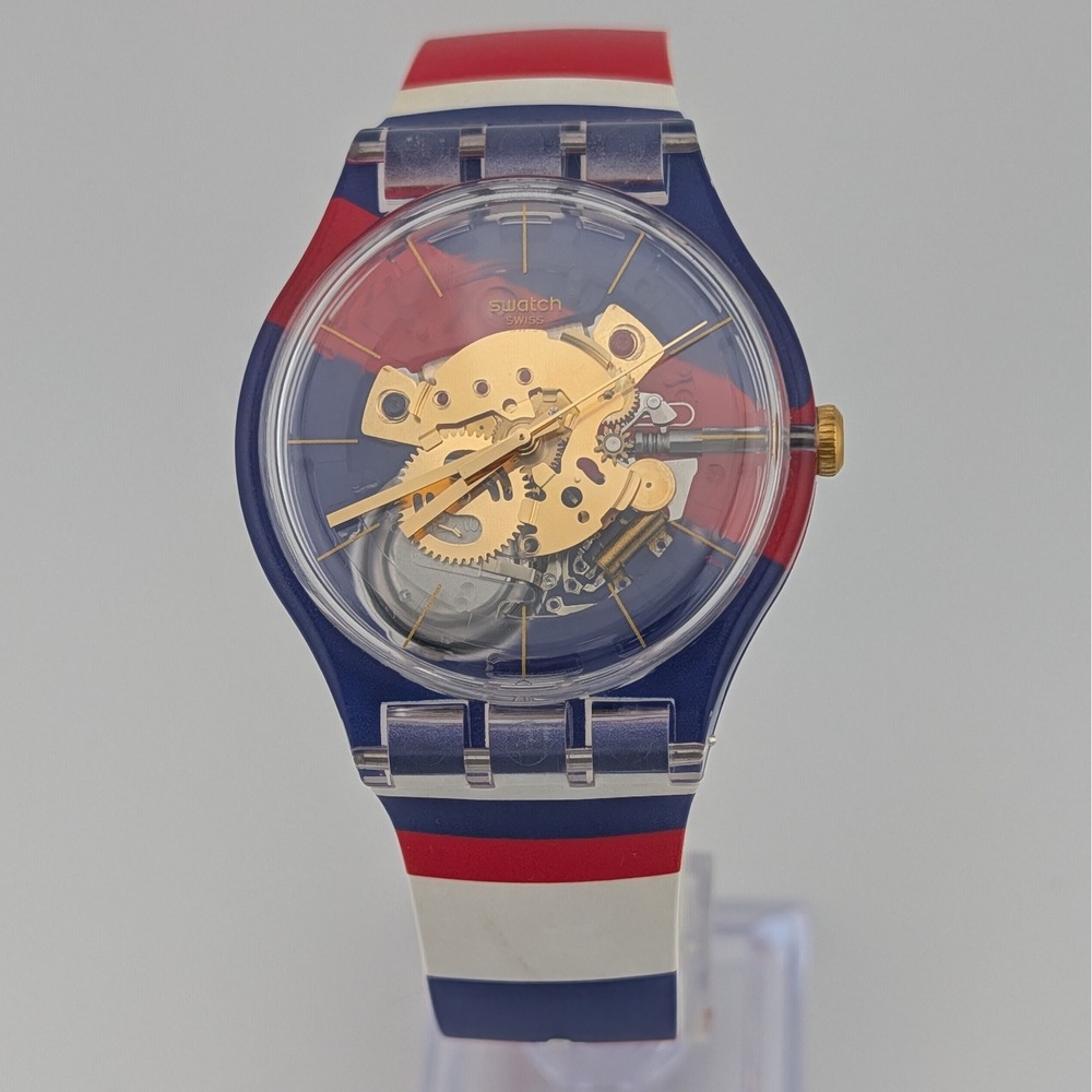 Swatch Skeleton Swiss Watch Clear Case Swiss American Flag Strap 41mm
